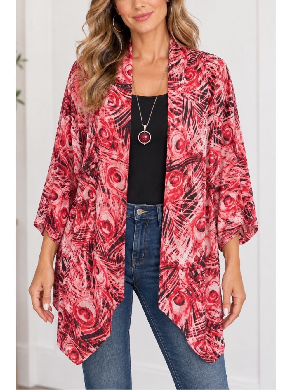Zac & Rachel Women's Red and Black Peacock Feather Shawl,  size large